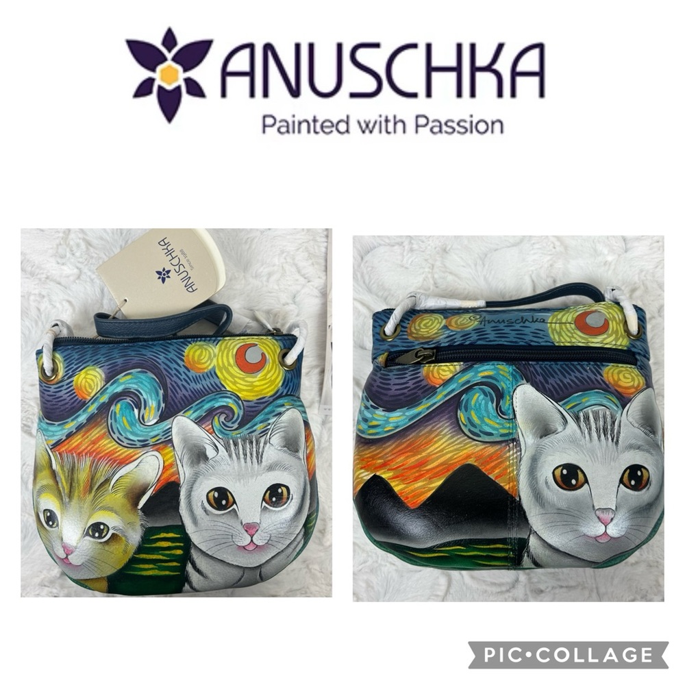 NWT Anuschka Hand Painted Starry Nights Kittens Slim Crossbody Bag